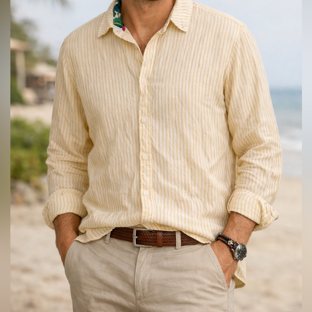 Tommy Bahama Relaxed Fit Linen Yellow & White Stripes Long-Sleeve Button-Down